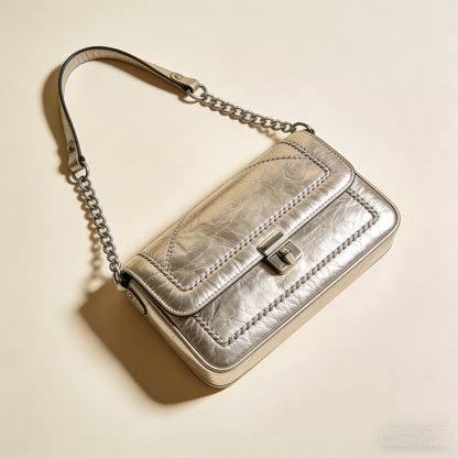 LumiStitch Glow: The Metallic Silver Crinkled Leather Shoulder Bag