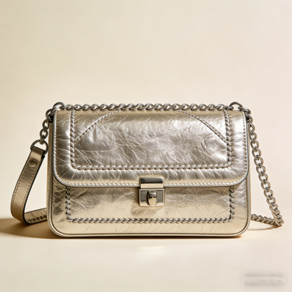 LumiStitch Glow: The Metallic Silver Crinkled Leather Shoulder Bag