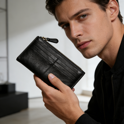ForgeGrain Slim: The Black Pebbled Leather Zip-Around Wallet
