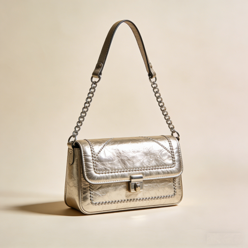 LumiStitch Glow: The Metallic Silver Crinkled Leather Shoulder Bag